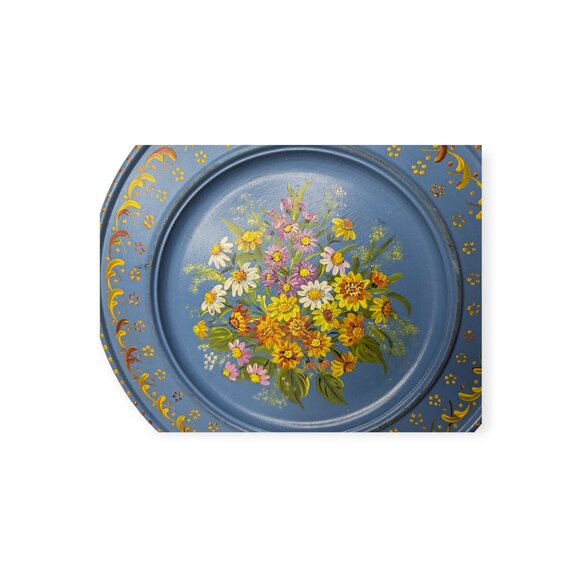 Round Wooden Blue Yellow & Orange Floral Painted Plate Hanging Decoration - Picture 4 of 8